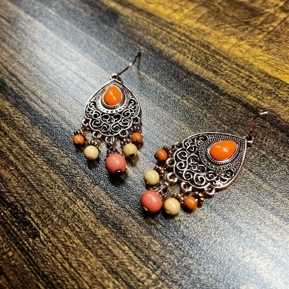 Zinc Alloy Vintage Bead Tassel Drop Earrings fall vibes autumn colors‎